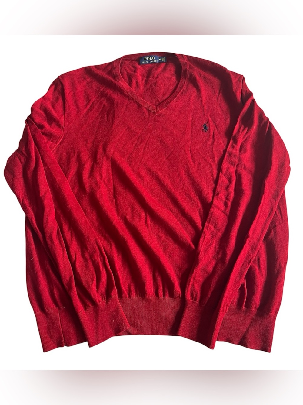 Polo Ralph Lauren Sweater Mens Medium Red 100% Merino Wool V-Neck Navy Pony Soft